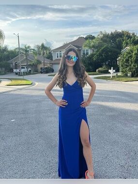 Royal Blue Spaghetti Strap Evening Gown with Thigh Slit